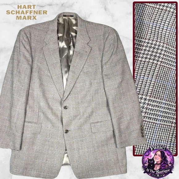 Hart Schaffner Marx Other - Vtg Hart Schaffner Marx Blazer Men 44R Wool Grey Glen Plaid Houndstooth Coat